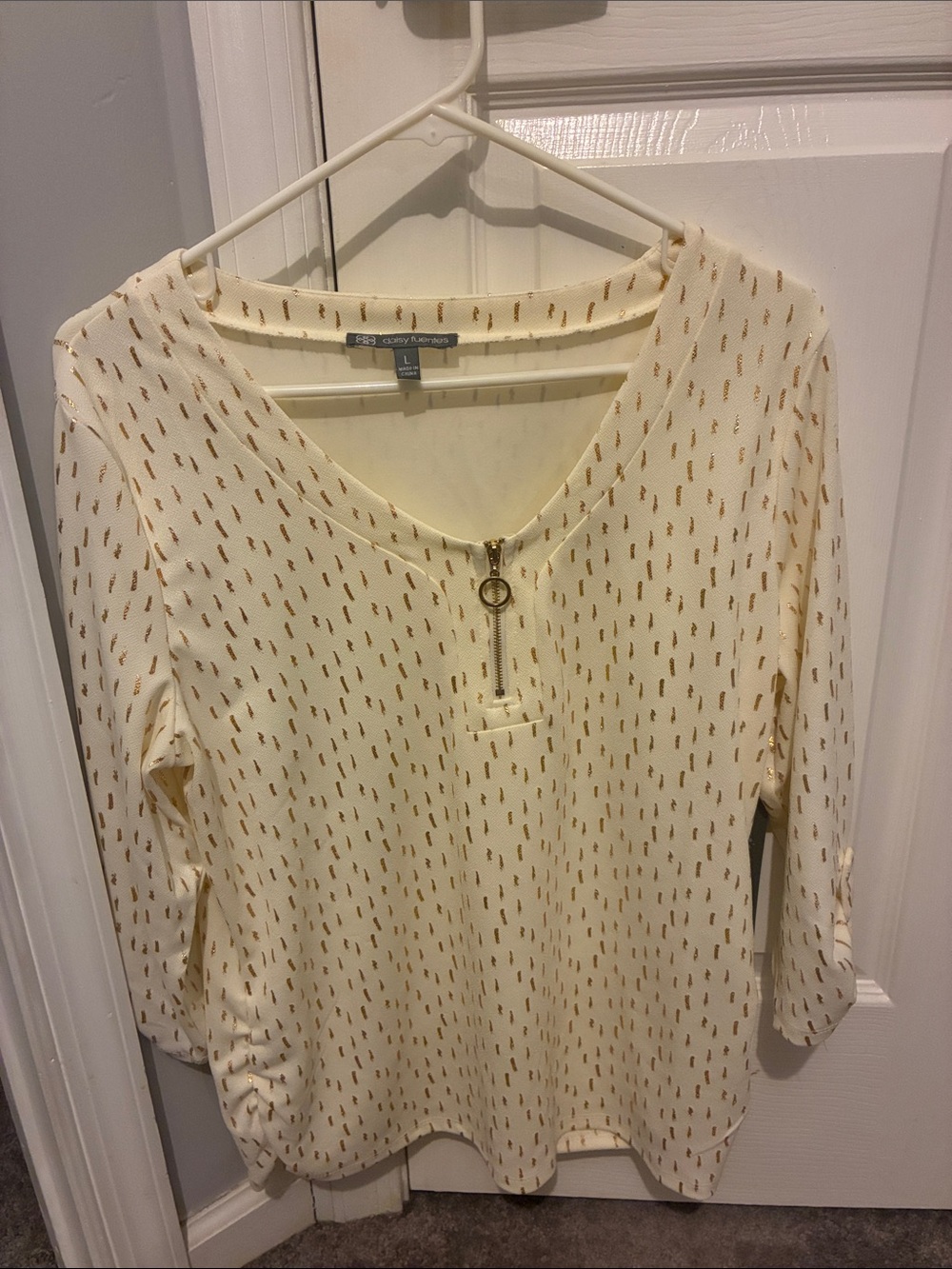 Daisy Fuentes Cream V-Neck Top with Gold-Tone Zip Detail